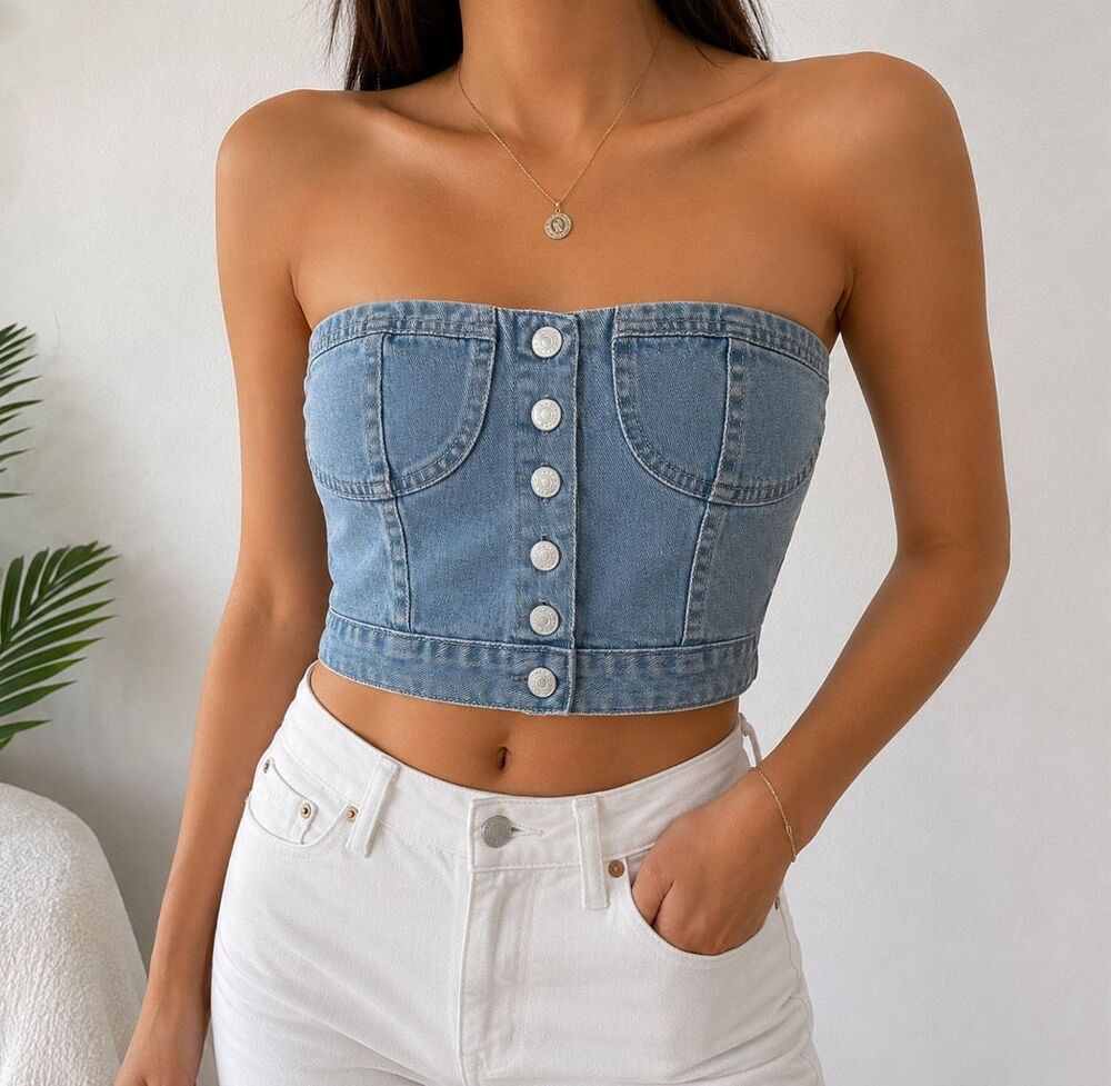 Denim Button Front Strapless Bustier Tube Top Size S Y2K Corset Crop
